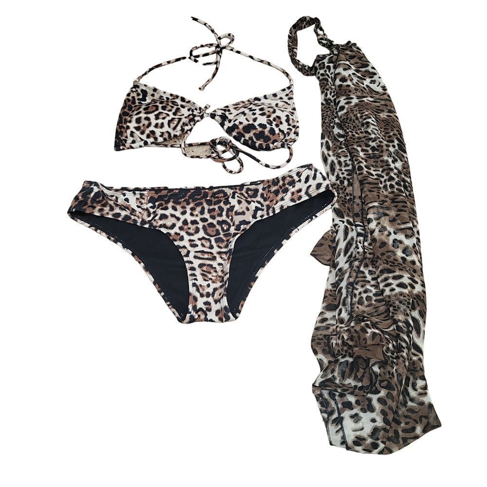Leopard print Bikini with matching sheer coverup Size L Animal‎ Print Preowned